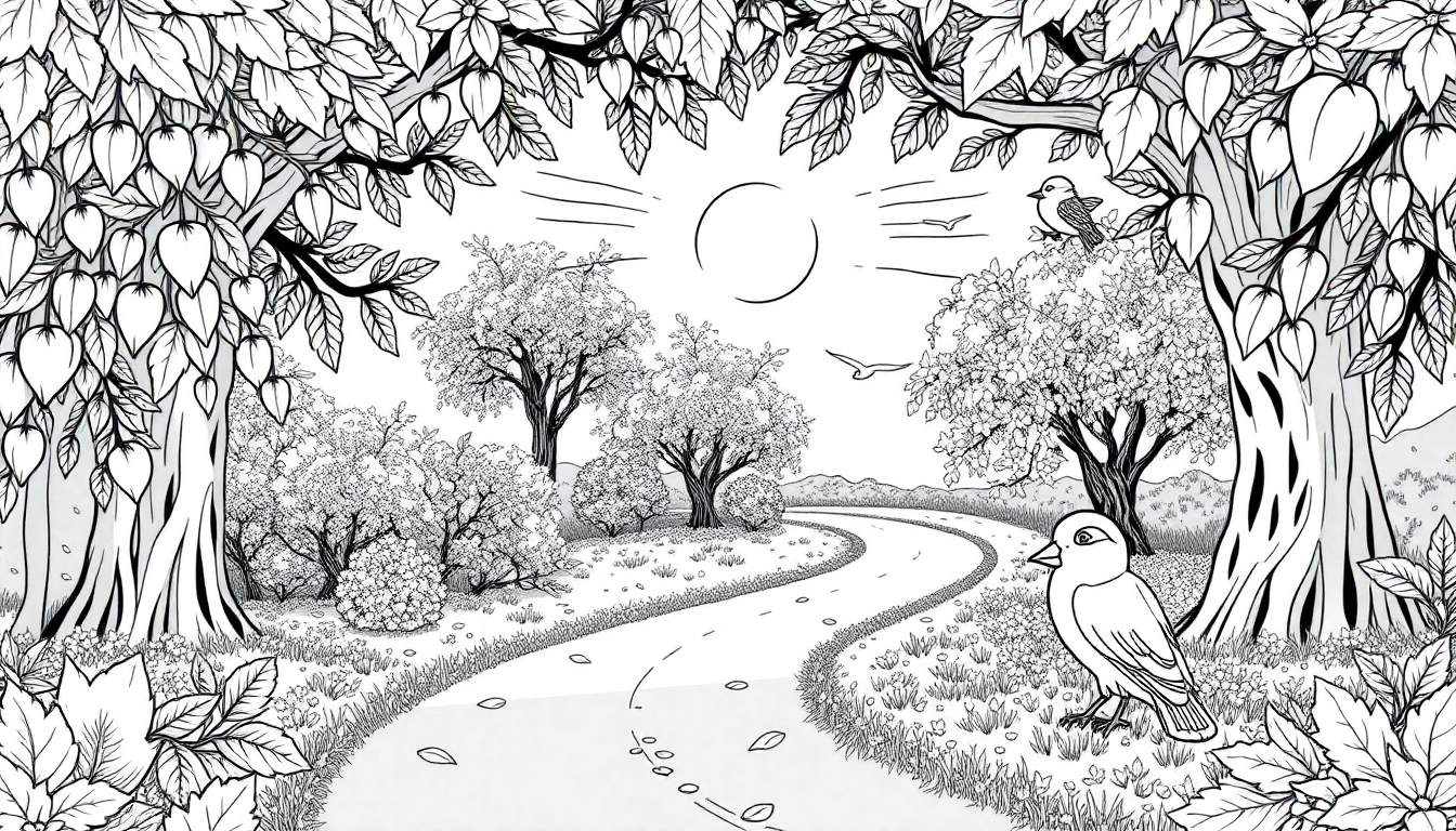 Desenho em preto e branco de uma paisagem outonal, como um livro de colorir, com árvores, uma estrada sinuosa e um sol radiante. Um color panel para criar.