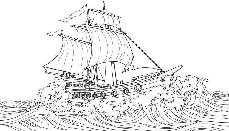 Desenho a preto e branco de um veleiro pirata a navegar em mar agitado, com bandeira e leme. Estilo de color panel.