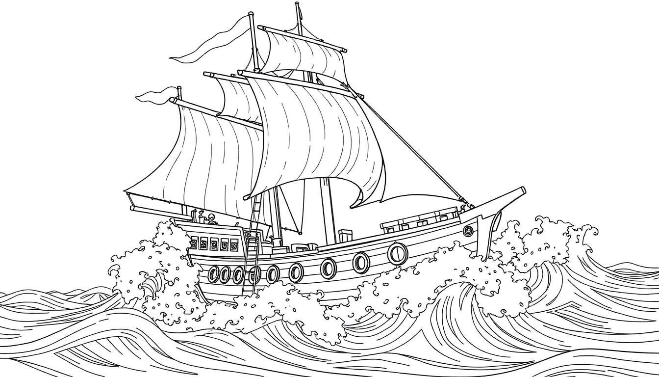Desenho a preto e branco de um veleiro pirata a navegar em mar agitado, com bandeira e leme. Estilo de color panel.