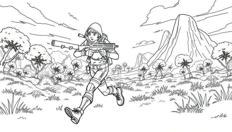 Desenho em preto e branco de uma personagem feminina com capuz correndo em uma paisagem montanhosa com uma arma futurista, estilo mangá, pronto para colorir.
