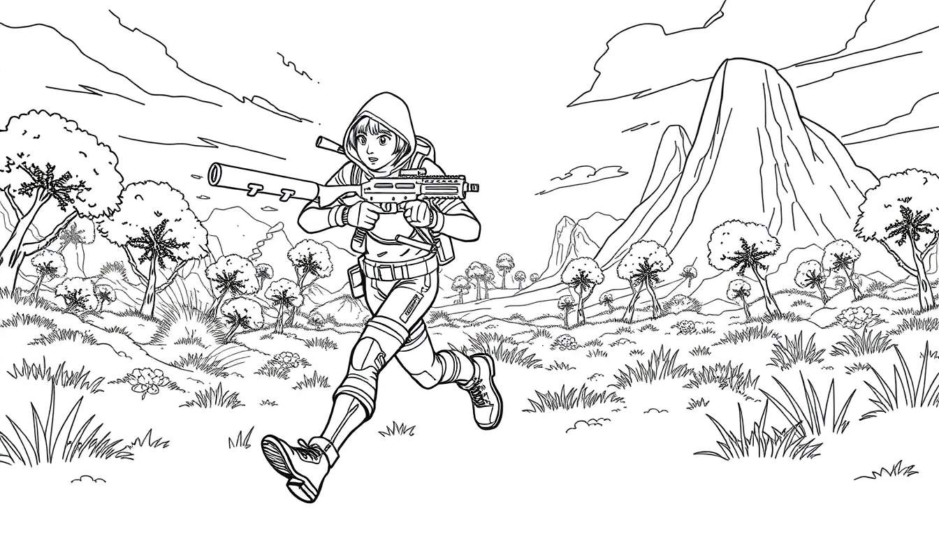 Desenho em preto e branco de uma personagem feminina com capuz correndo em uma paisagem montanhosa com uma arma futurista, estilo mangá, pronto para colorir.