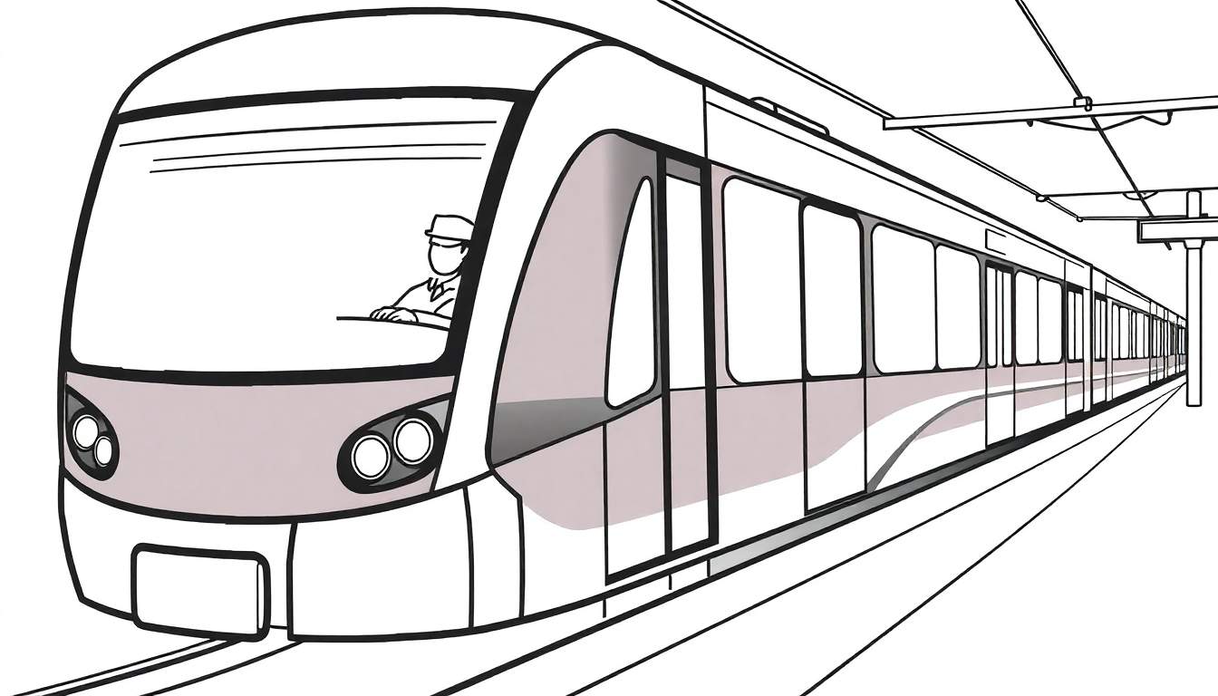 Um trem moderno em preto e branco em perspectiva diagonal com o motorista acenando na cabine. Fios de energia acima. O trem tem janelas retangulares e uma faixa de color panel na parte inferior.