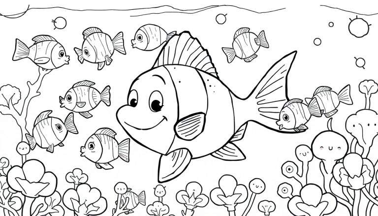 Um desenho em preto e branco de um peixe simpático sorrindo, cercado por peixes menores e plantas marinhas estilizadas, pronto para colorir.