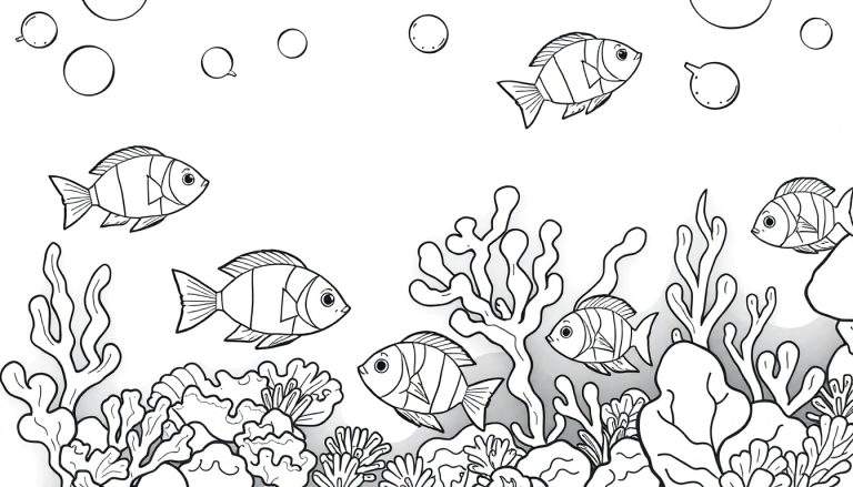 Um desenho em preto e branco de um ecossistema subaquático, com peixes listrados nadando entre algas e corais, e bolhas flutuando. Um color panel para pintar.