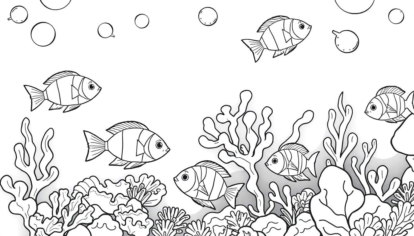 Um desenho em preto e branco de um ecossistema subaquático, com peixes listrados nadando entre algas e corais, e bolhas flutuando. Um color panel para pintar.