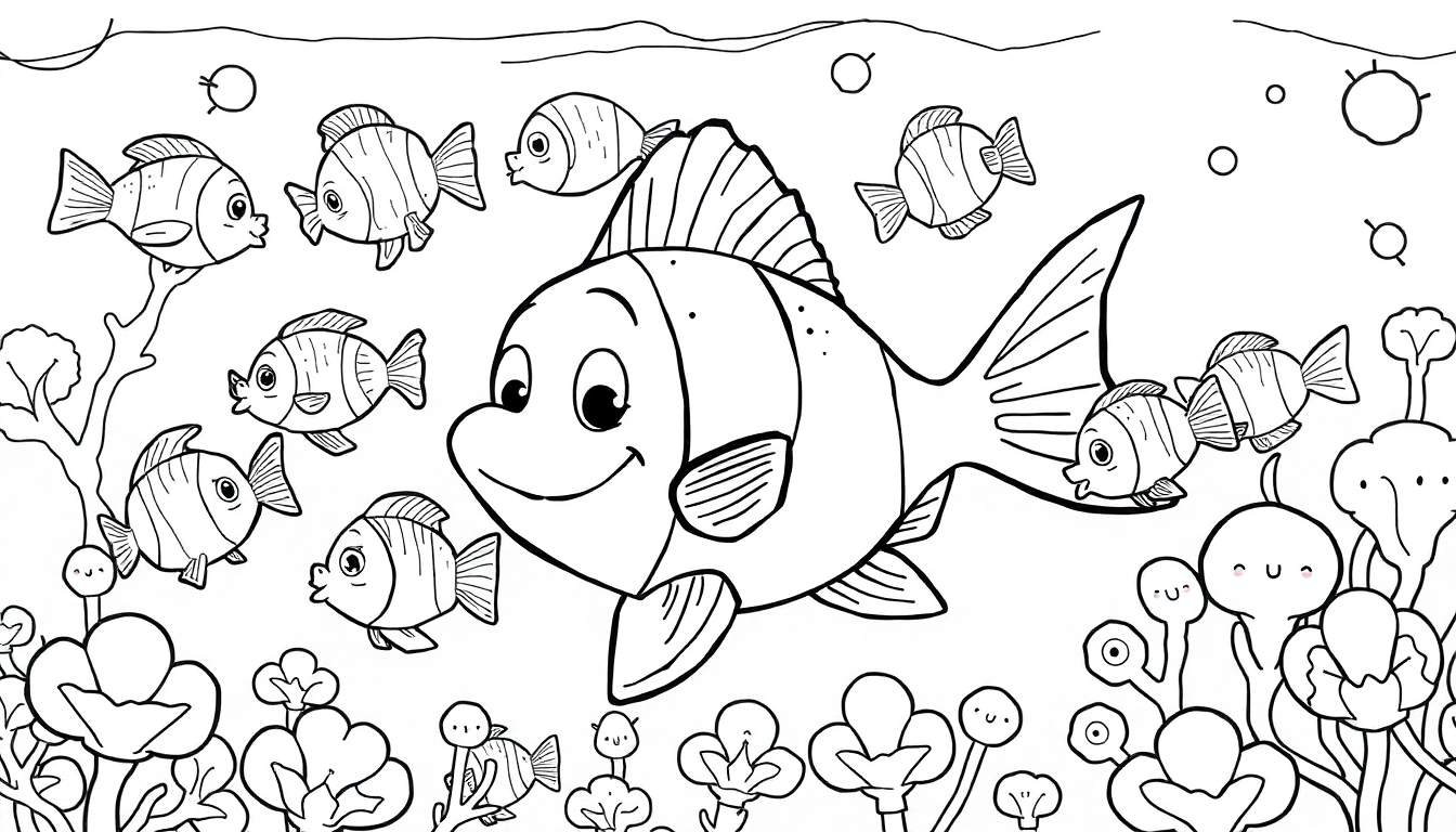 Um desenho em preto e branco de um peixe simpático sorrindo, cercado por peixes menores e plantas marinhas estilizadas, pronto para colorir.