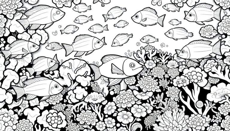 Desenho em preto e branco de um ecossistema marinho com peixes, corais e flores marinhas. Estilo de livro de colorir, com linhas nítidas e contornos definidos. Elementos do color panel bem distribuídos.