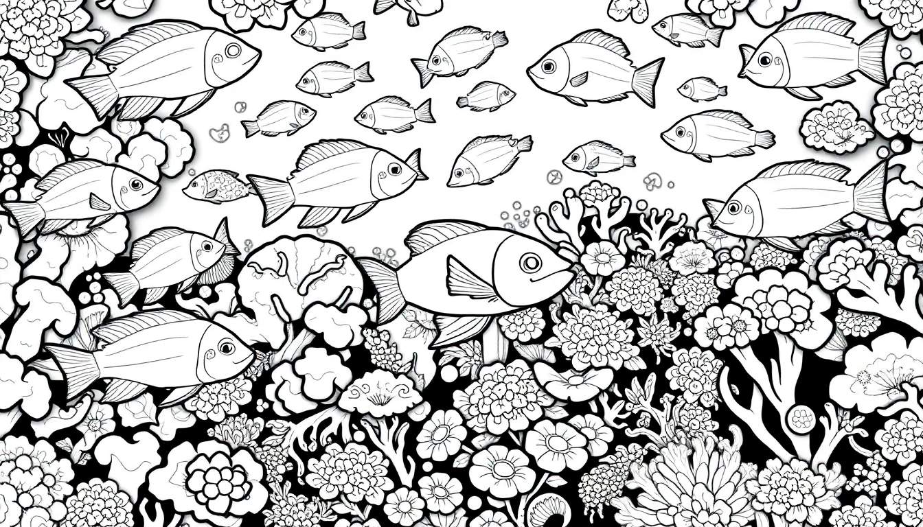 Desenho em preto e branco de um ecossistema marinho com peixes, corais e flores marinhas. Estilo de livro de colorir, com linhas nítidas e contornos definidos. Elementos do color panel bem distribuídos.