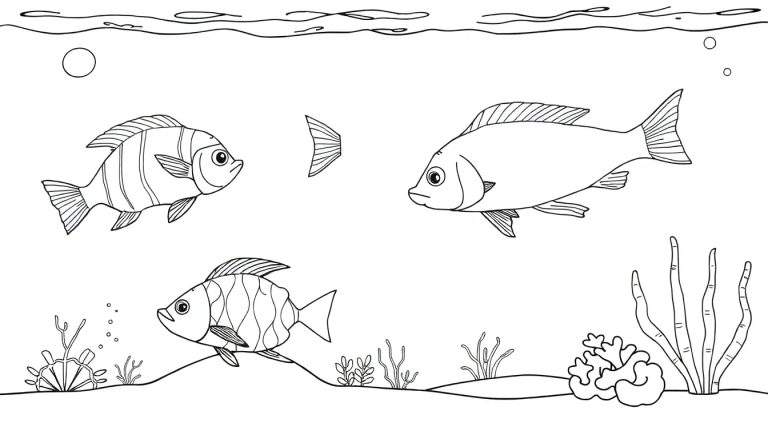 Ilustração em preto e branco de um ecossistema subaquático com três peixes, algas marinhas e corais. Uma barbatana de peixe flutua no ar. Color panel.
