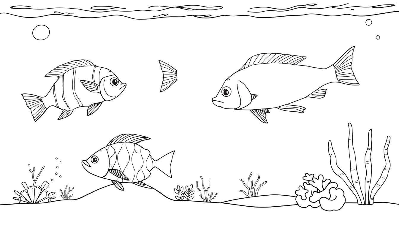 Ilustração em preto e branco de um ecossistema subaquático com três peixes, algas marinhas e corais. Uma barbatana de peixe flutua no ar. Color panel.