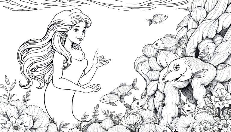 Ilustração em preto e branco de uma sereia gesticulando com peixes e plantas aquáticas, estilo livro de colorir.