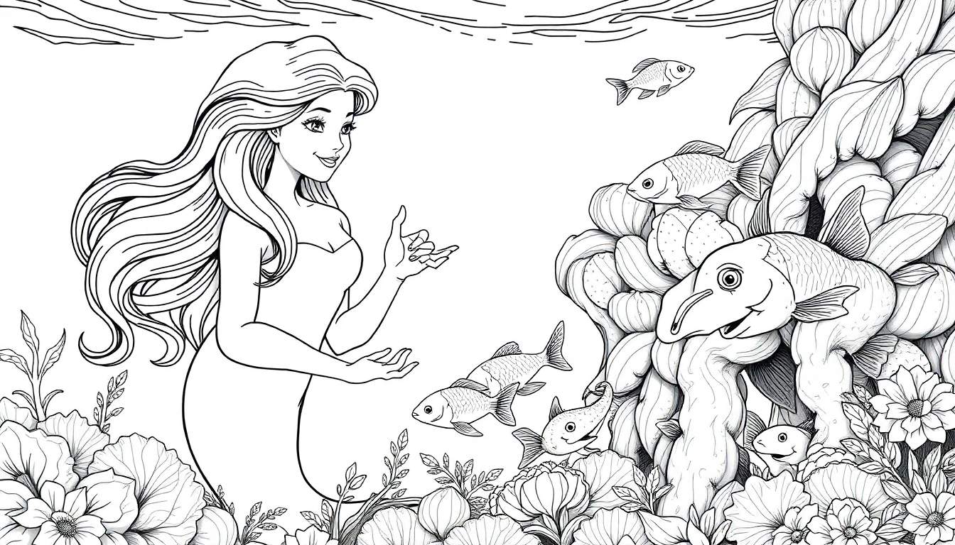 Ilustração em preto e branco de uma sereia gesticulando com peixes e plantas aquáticas, estilo livro de colorir.