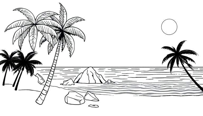 Um desenho em preto e branco de uma paisagem tropical com coqueiros, uma rocha no mar e ondas estilizadas. Um color panel sugere um dia vibrante.