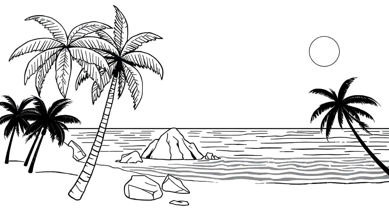 Um desenho em preto e branco de uma paisagem tropical com coqueiros, uma rocha no mar e ondas estilizadas. Um color panel sugere um dia vibrante.