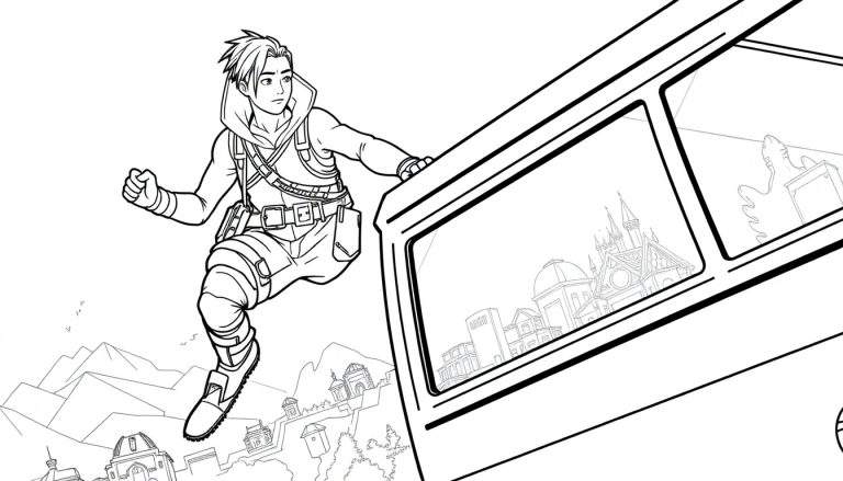 Um personagem de desenho animado masculino pendurado em uma estrutura retangular com um fundo de cidade e montanhas, em estilo de linha preto e branco, um color panel.