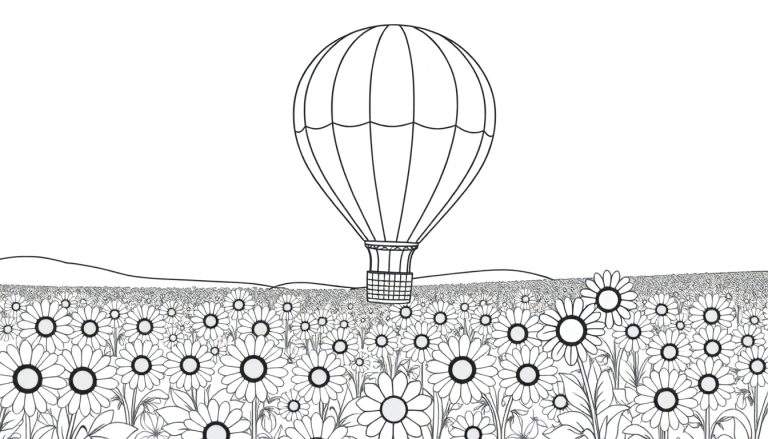 Desenho para colorir de um campo de girassóis com um balão de ar quente acima, para colorir. Este color panel é para crianças.