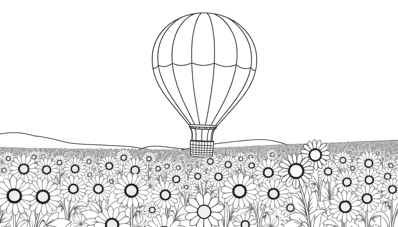 Desenho para colorir de um campo de girassóis com um balão de ar quente acima, para colorir. Este color panel é para crianças.