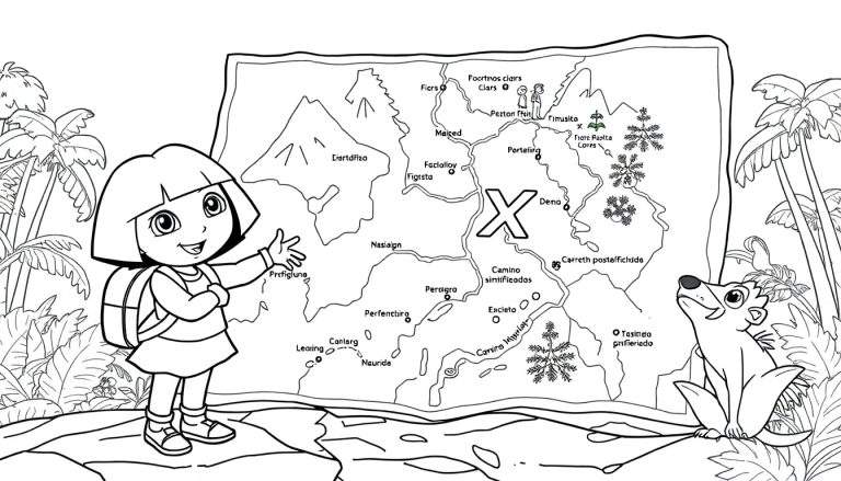 Ilustração em preto e branco de Dora, Boots e um mapa de aventura. Dora aponta para o mapa enquanto Boots sorri ao seu lado. O mapa exibe montanhas, cidades e um grande 'X' marcando um tesouro. É uma página de colorir.