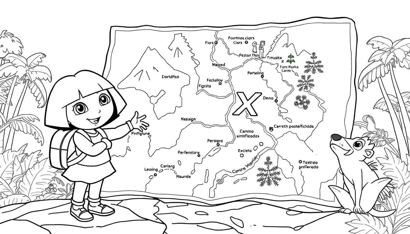 Ilustração em preto e branco de Dora, Boots e um mapa de aventura. Dora aponta para o mapa enquanto Boots sorri ao seu lado. O mapa exibe montanhas, cidades e um grande 'X' marcando um tesouro. É uma página de colorir.