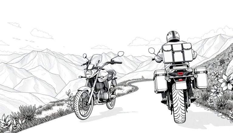 Duas motocicletas em uma estrada montanhosa, uma vista de frente e outra de costas com um motociclista carregando malas. A imagem é em preto e branco, com detalhes de montanhas e nuvens.