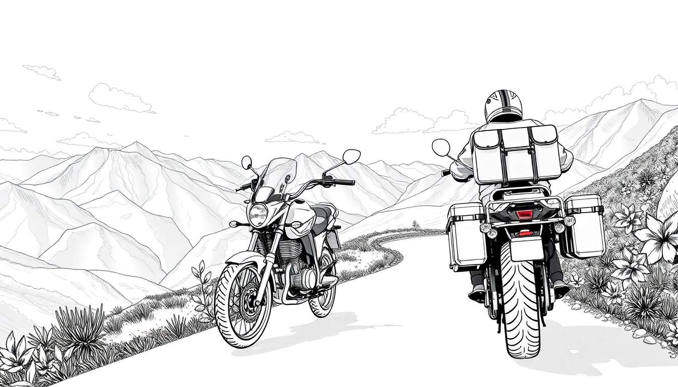Duas motocicletas em uma estrada montanhosa, uma vista de frente e outra de costas com um motociclista carregando malas. A imagem é em preto e branco, com detalhes de montanhas e nuvens.