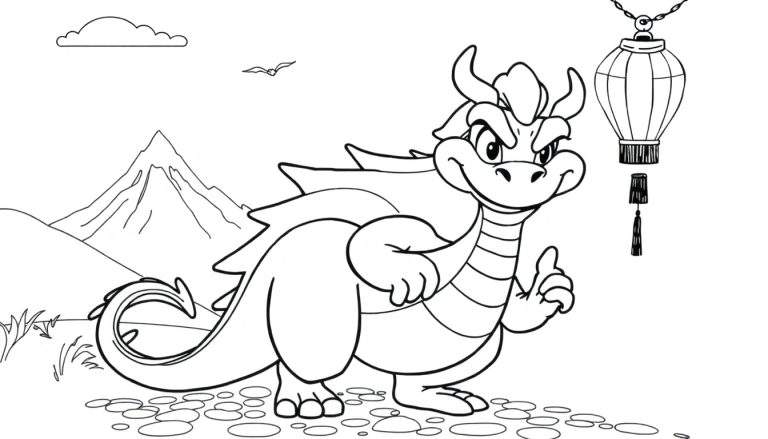 Um dragão de desenho animado amigável em um color panel pronto para ser pintado, com montanhas e uma lanterna chinesa ao fundo.