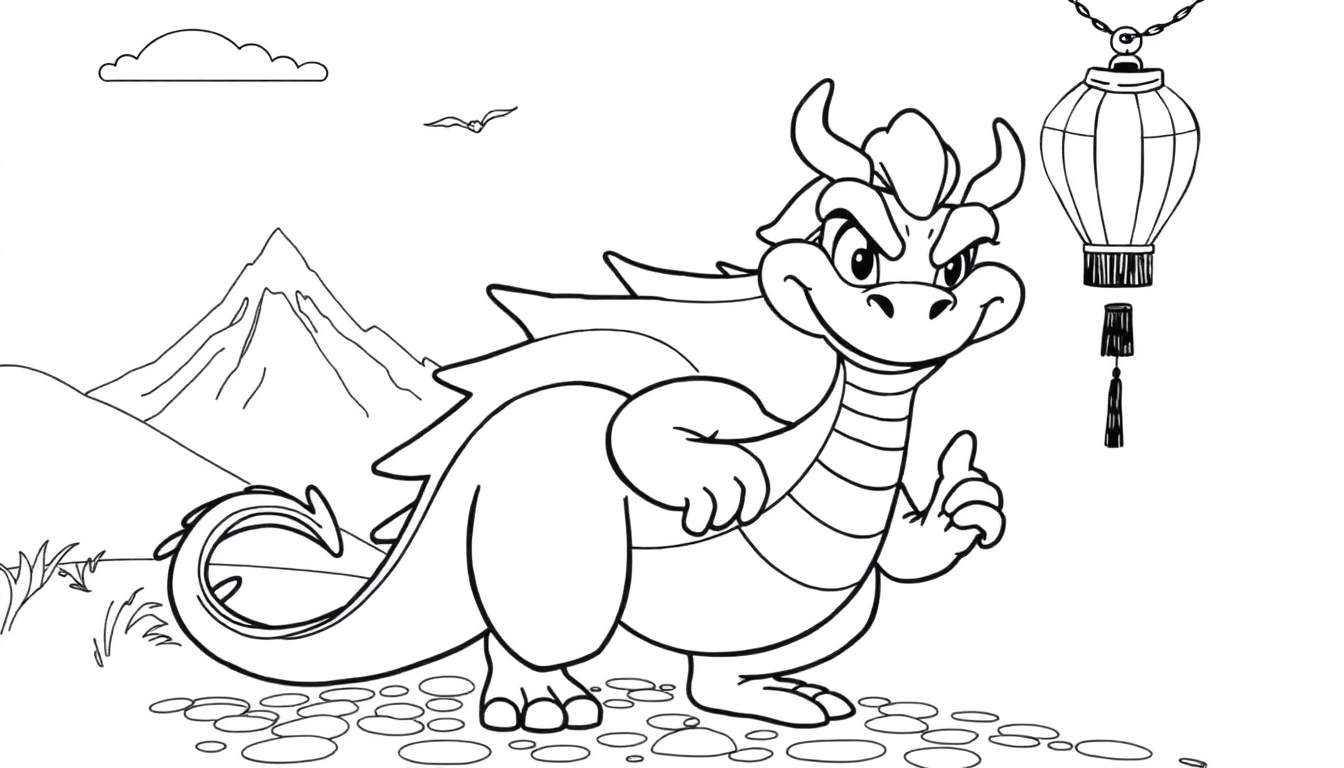 Um dragão de desenho animado amigável em um color panel pronto para ser pintado, com montanhas e uma lanterna chinesa ao fundo.