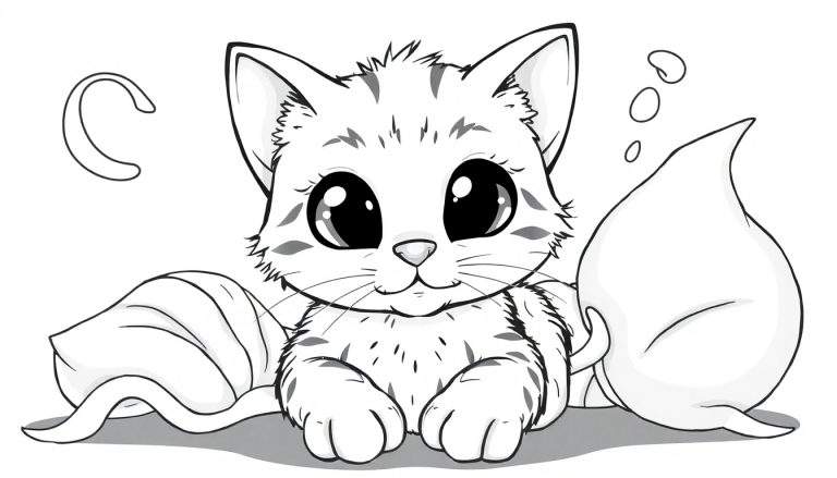 Um gatinho fofo de desenho animado em preto e branco, sentado entre duas almofadas, com a letra 'C' ao lado e bolhas flutuando acima. Um divertido color panel para colorir!