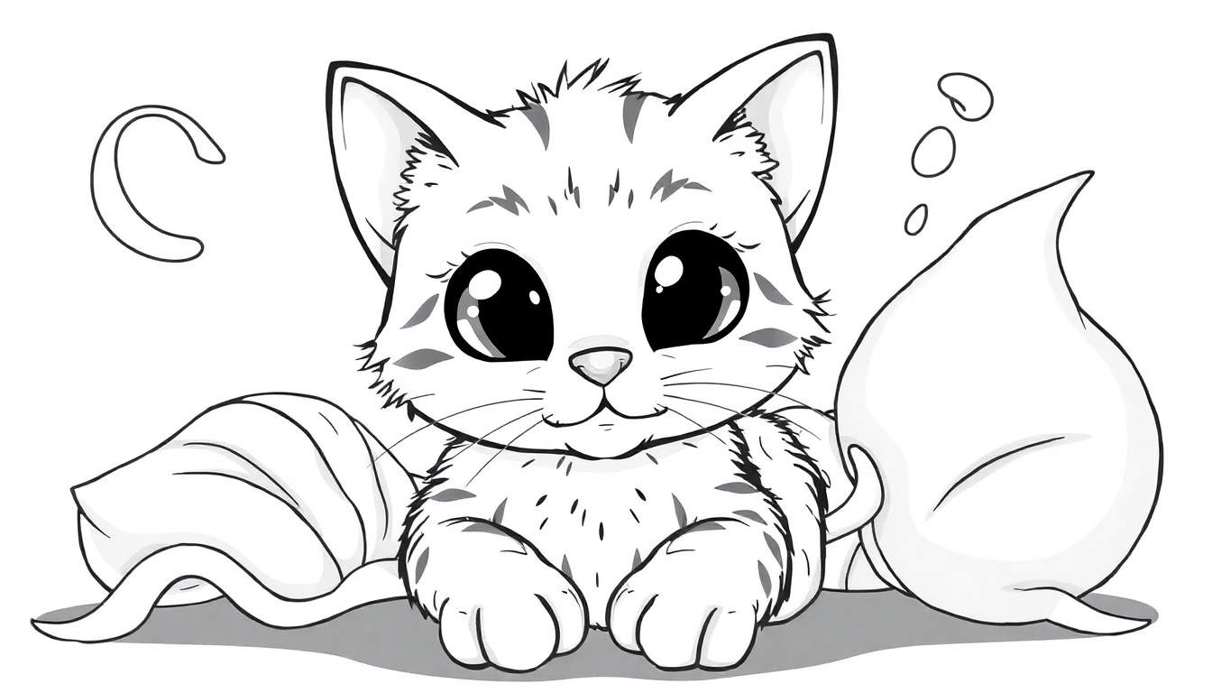 Um gatinho fofo de desenho animado em preto e branco, sentado entre duas almofadas, com a letra 'C' ao lado e bolhas flutuando acima. Um divertido color panel para colorir!