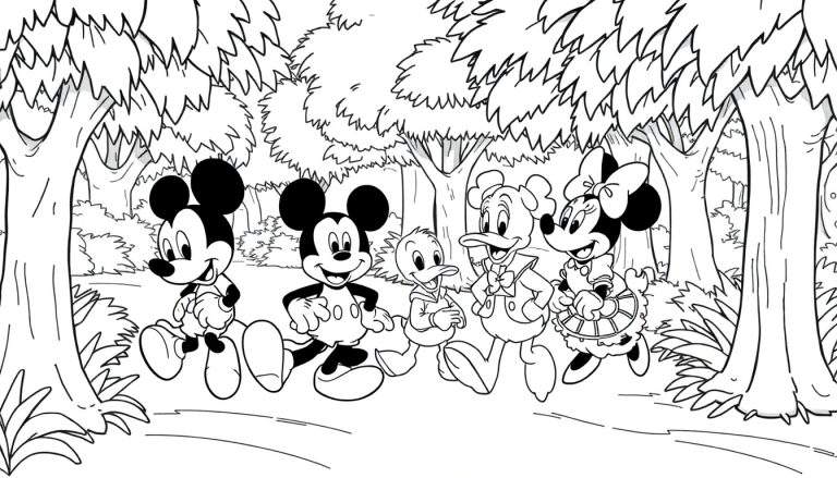 Mickey Mouse, Minnie Mouse, Pato Donald e Pateta andando juntos em uma floresta, em um color panel.