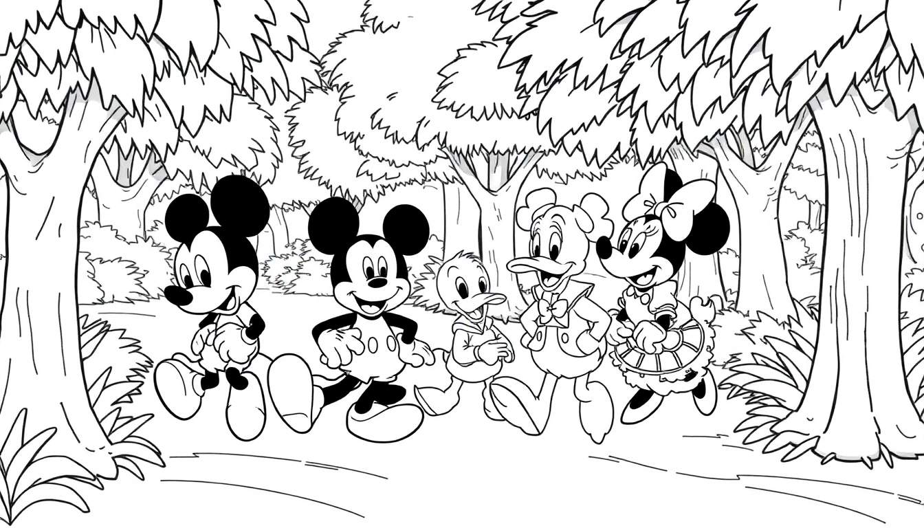 Mickey Mouse, Minnie Mouse, Pato Donald e Pateta andando juntos em uma floresta, em um color panel.