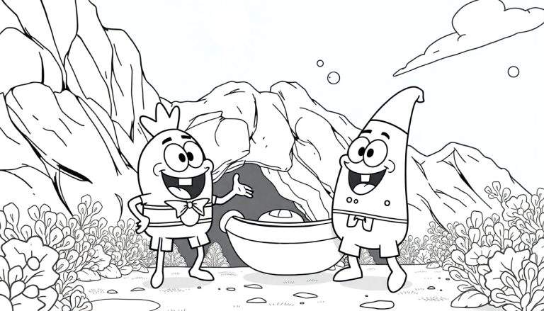 Desenho em preto e branco de Bob Esponja e Patrick sorrindo perto de uma banheira em um cenário montanhoso. Uma cena de colorir com um color panel.