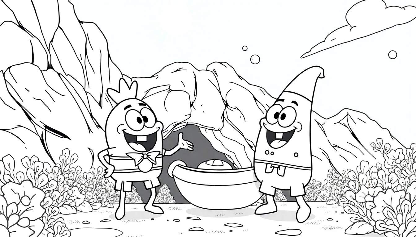 Desenho em preto e branco de Bob Esponja e Patrick sorrindo perto de uma banheira em um cenário montanhoso. Uma cena de colorir com um color panel.