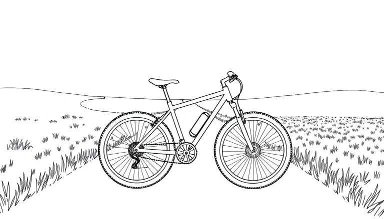 Bicicleta de montanha preta e branca em gramado com montanhas ao fundo, exibida em um color panel.