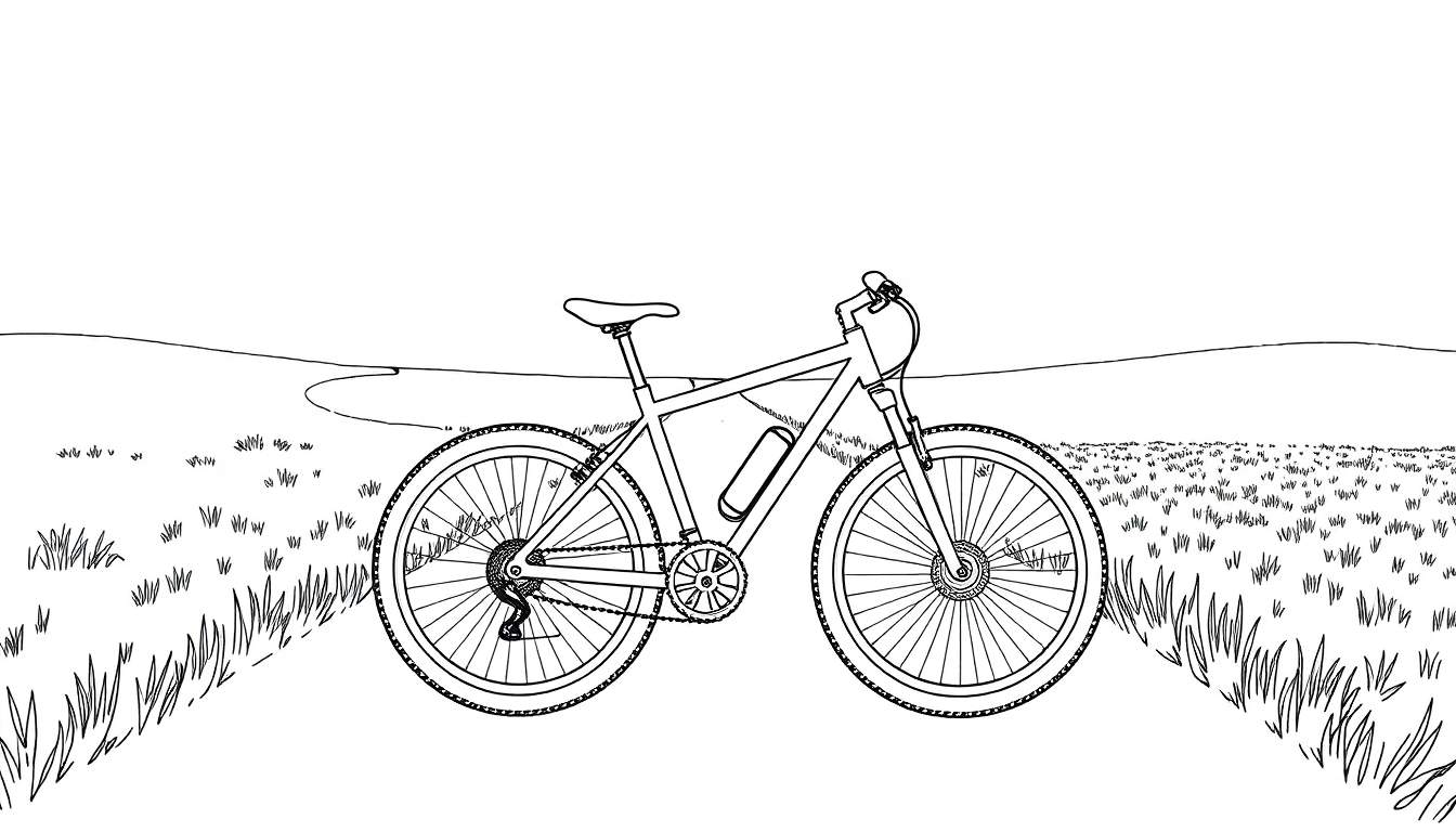 Bicicleta de montanha preta e branca em gramado com montanhas ao fundo, exibida em um color panel.