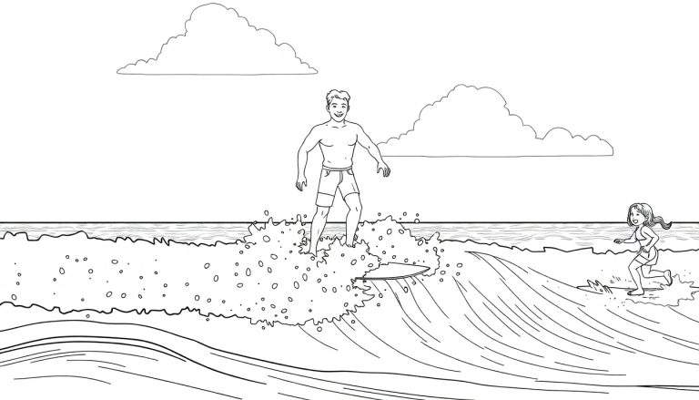 Surfistas homens e mulheres aproveitando as ondas em um dia de praia em preto e branco, com nuvens no céu. Um color panel vibrante de diversão aquática!