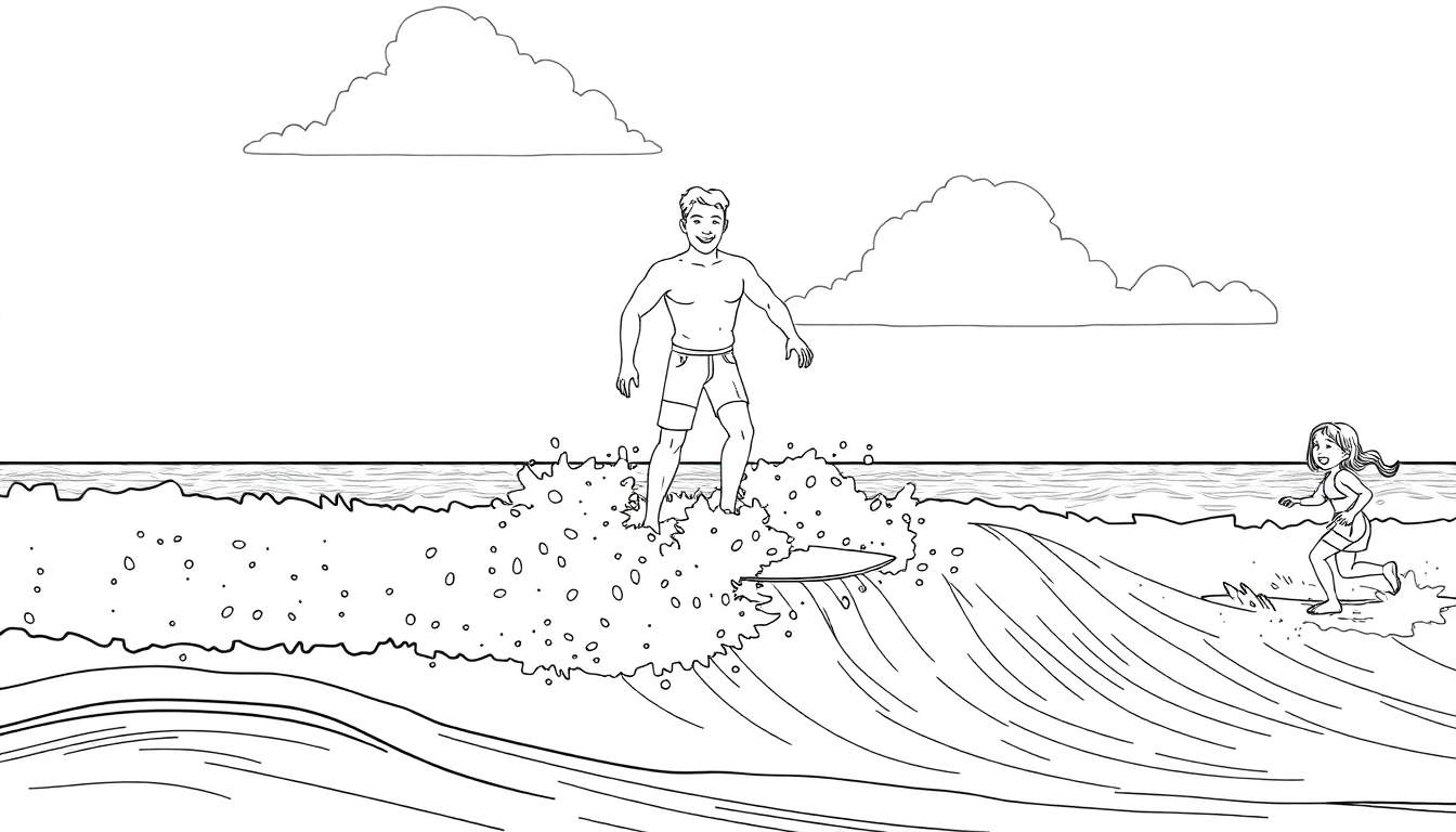 Surfistas homens e mulheres aproveitando as ondas em um dia de praia em preto e branco, com nuvens no céu. Um color panel vibrante de diversão aquática!