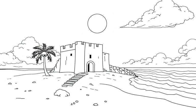 Uma praia em preto e branco com um castelo em ruínas, palmeiras e o sol, pronta para colorir em um color panel.