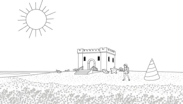 Castelo de areia com uma menina segurando uma estrela-do-mar e uma concha na praia, sob o sol.