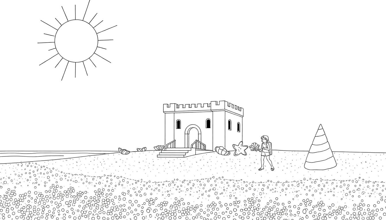 Castelo de areia com uma menina segurando uma estrela-do-mar e uma concha na praia, sob o sol.