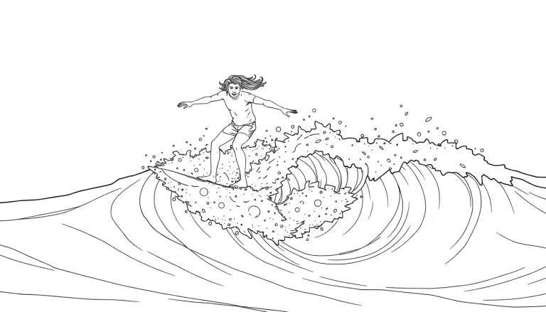 Um surfista corajoso pegando uma onda grande, com spray e espuma voando. O desenho é linear e em preto e branco. color panel.
