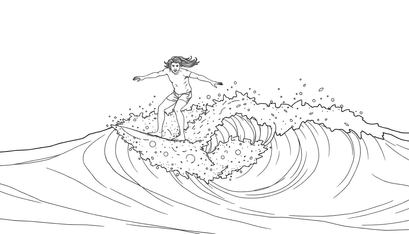 Um surfista corajoso pegando uma onda grande, com spray e espuma voando. O desenho é linear e em preto e branco. color panel.