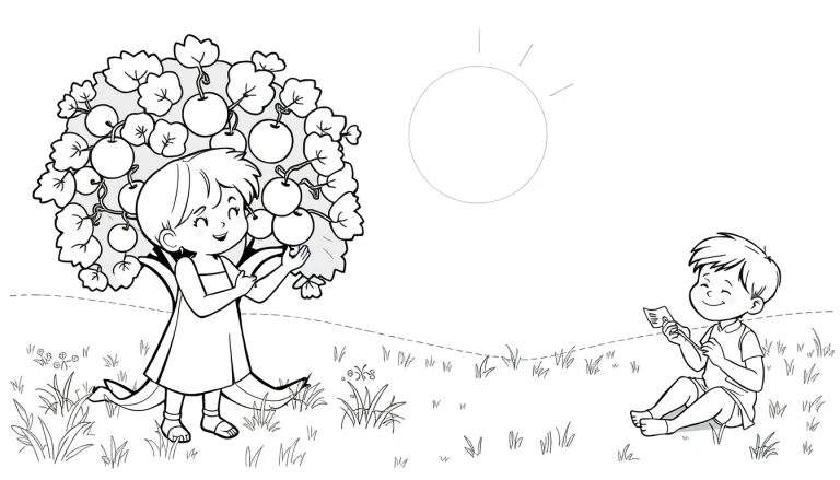 Menina pegando maçã, menino lendo livro em campo ensolarado.
