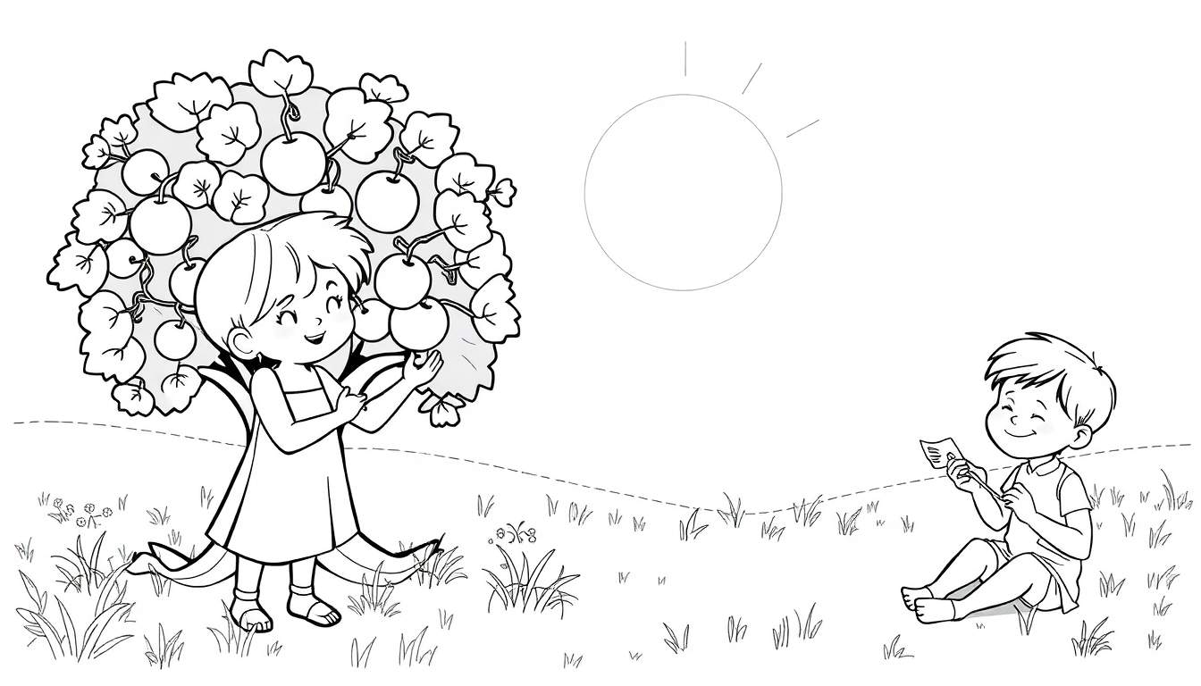 Menina pegando maçã, menino lendo livro em campo ensolarado.