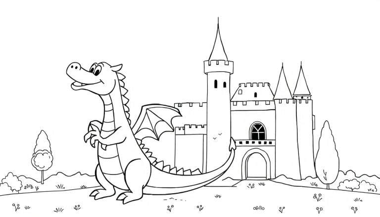 Desenho de linha em preto e branco de um dragão amigável em frente a um castelo com um arco-íris e um color panel.
