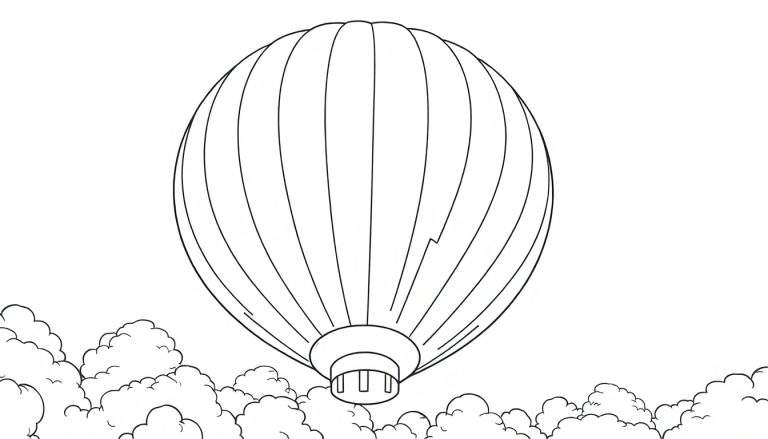 Um balão de ar quente preto e branco com uma cesta pendurada, voando entre nuvens fofas.