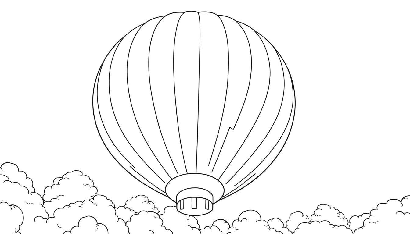 Um balão de ar quente preto e branco com uma cesta pendurada, voando entre nuvens fofas.