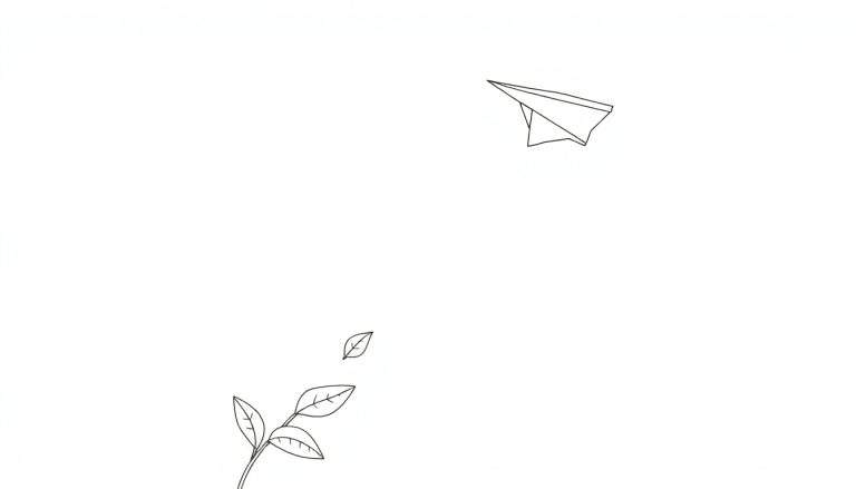 Um avião de papel preto voando e uma folha preta com um ramo em um fundo branco. Um color panel para colorir.