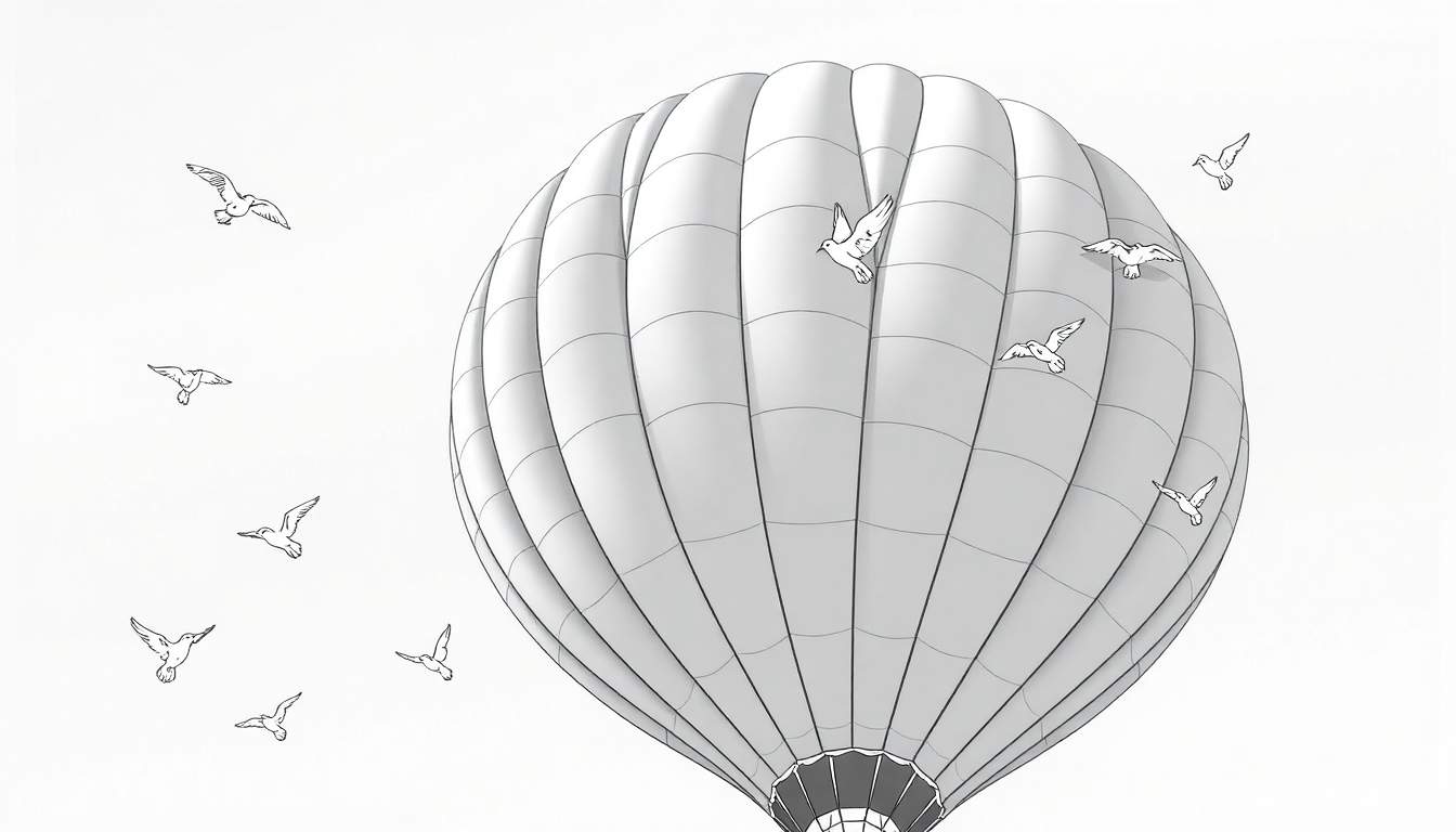Um balão de ar quente cinza claro com painéis listrados verticais flutua em um céu branco, rodeado por pássaros marinhos brancos com contornos pretos.