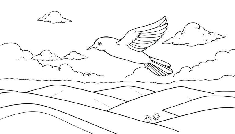 Um desenho em preto e branco de um pássaro voando sobre colinas ondulantes com nuvens, com flores no canto inferior direito. Este é um ótimo color panel para crianças.